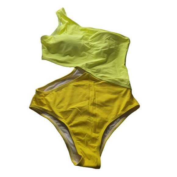 Yellow One Shoulder Swimsuit Block Colors Cutout Side‎ Womens Large Neon Bright - Picture 1 of 13